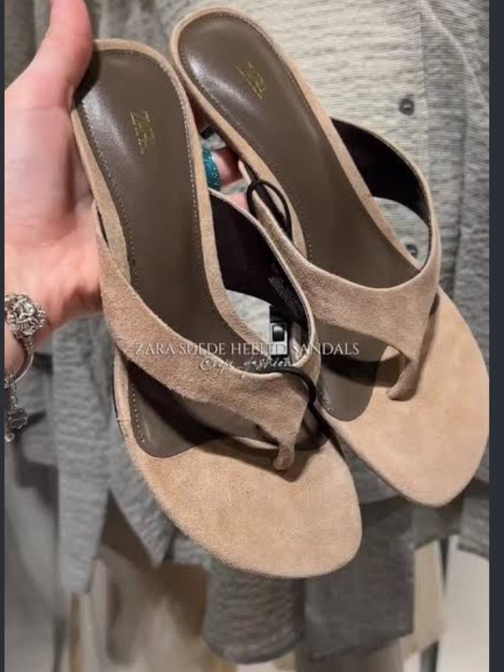 Zara Taupe Suede Thong Heeled Sandals
